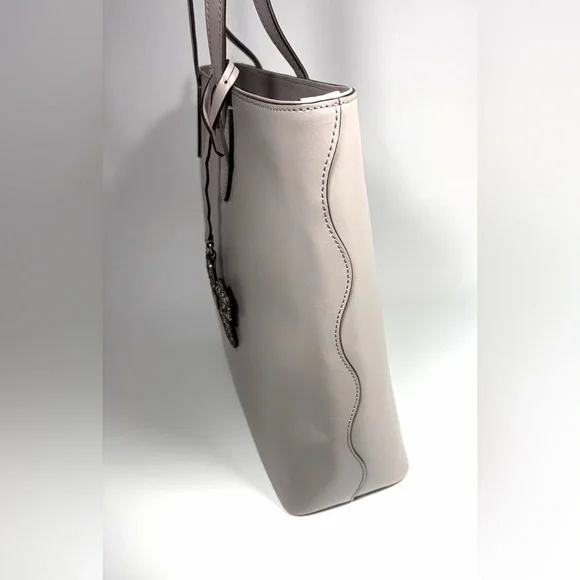 Kate Spade New York Large Leather Tote Bag Gray Pebbled Shoulder Purse 2/Flower - Picture 3 of 12